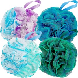Fu Store Loofah Sponge Shower Loofahs 60g Bath Sponges Mesh Balls 4 Colors for Body Scrubber Exfoliator Wash Back Scrubbers Bathroom Men Women - 4 Pack Cleaning Bathing Accessories