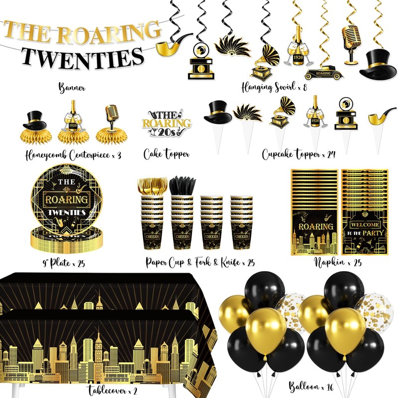 Yingoto Roaring 20s Party Decorations Tableware Set Serves 25 Guests
