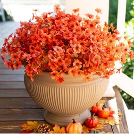 HyeFlora Artificial Fake Fall Mums Flowers Plants for Outdoor Outside, 12 Bundles Faux Silk Orange Daisy UV Resistant Look Real for Autumn Front Door Porch Patio Planter Decoration