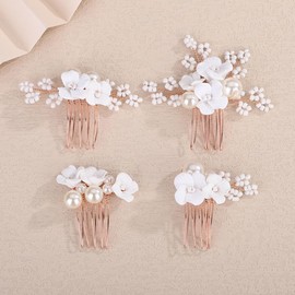Teyglen 4pcs Rose Gold Wedding Flower Hair Comb Floral White Flower Headpiece with Pearl Hair Piece Elegant Hair Jewelry for Women Bridal Wedding Party Prom (Rose gold)