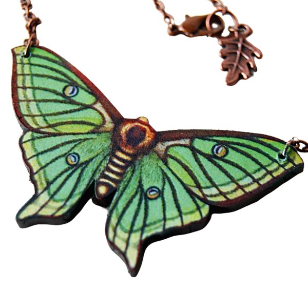 Enchanted Leaves - Green Luna Moth Necklace - Lovely Wooden