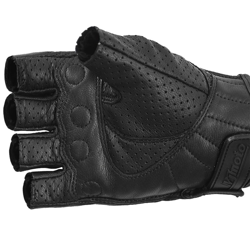 mjmoto Motorcycle Gloves Goat Leather Fingerless Vintage Perforated Black (Black,