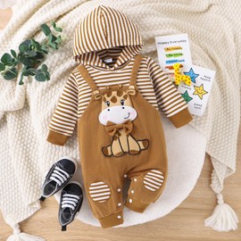 TOKIAGO 9-12 Month Boy Clothes Baby Hoodie Romper Fall Winter Long Sleeve Striped One-Piece Outfit Infant Cute Cartoon Clothing Set Deer Yellow 9-12 Months