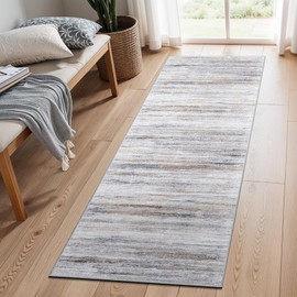 2x5 Washable Runner Rug for Family: Easy-to-Clean Runners for Hallway Entryway Bedroom - Stain and Water Resistant Rugs with Non-Slip Backing - Soft Low-Pile Carpet Beige Grey