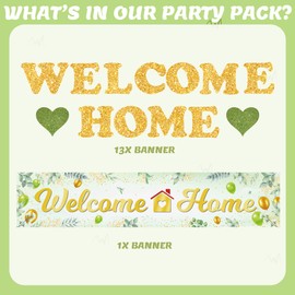 Welcome Home Banners Green Gold - 2 Pieces Welcome Back Military Returning House Warming Background Decorations, Sage Green Hanging Backdrop for Baby Shower Homecoming Family Party Indoor Outdoor