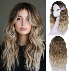 CURLCRAZY Short Wavy Wigs for Women Bob Wave Wig Natural Looking Synthetic Middle Part Lace Front Hair for Everyday Hairstyle 18Inch (Brown to Platinum Blonde)