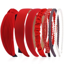 Kotkiddy 7 Stück Haarreifen Set Damen, verschiedene Modelle, Perlen Stirnbänder, Stirnbänd Kunststoff Haarreif Stirnbänder Haarband für Mädchen Damen(Rot)