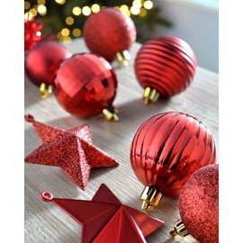 WeRChristmas 42-Piece Shatterproof Baubles Decoration Pack with Tree Topper & Garland - Red, Red