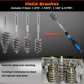 Professional Diesel Injector-Seat Cleaning Kit 8090S on Cylinder Heads, Including Helix Brushes, Two-Stage Brushes, Bore Brushes and Swabs (Stainless Steel, 17-Pack)