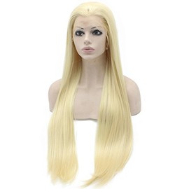 Synthetic Hair Fiber Natural Wigs Long Straight Half Hand Tied Light #613 Blond Synthetic Lace Front Wig Natural at Mxangel