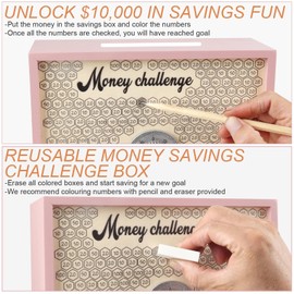 Mczcent 10000 Savings Challenge Box with Lock, Large Wooden 10k Money Saving Box Saver 10,000 Reusable Coin Money Challenge Cash Vault Savings Box Tracker Piggy Bank for Adults Kids, Pink