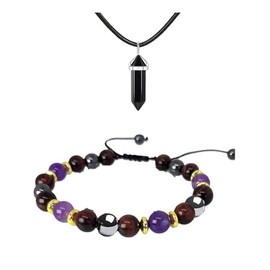 Kysin Chiys Protection Bracelet With Necklace Adjustable Healing Crystal Beads Bracelet Black Obsidian Hematite Red Tiger Eye Purple Amethsyt Hematite Bracelet Set for Men Women - Purple