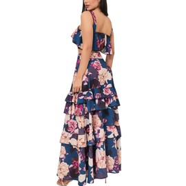 SOMTHRON Women's Summer 2 Piece Outfits Floral Print Strap Crop Tops Tiered Ruffle Skirt Sets Maxi Long Dress FR-M
