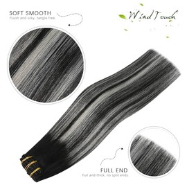 WindTouch Extensiones de Cabello con Clip Extensiones de Cabello Humano Real Liso Balayage Negro Ombre Gris Plateado 18 Pulgadas 75 g