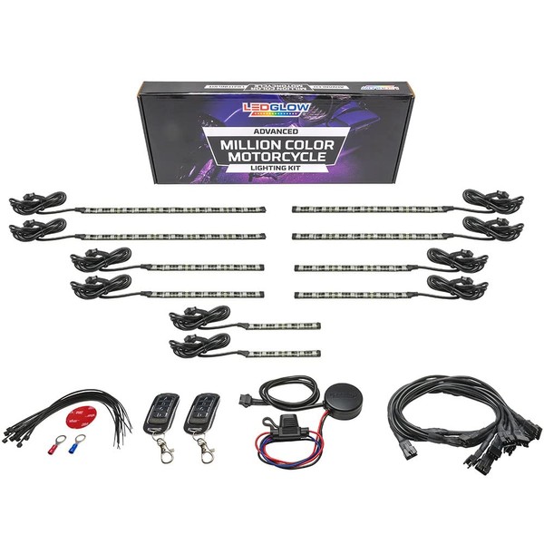LEDGlow 10pc Advanced Million Color LED Motorcycle Accent Underlow Light Kit - 15 Solid Colors - 6 Patterns - Multi-Color Flexible Strips - Includes Waterproof Control Box & 2 Wireless Remotes