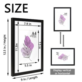 Baoee Picture Frame A4 Black Sturdy MDF Wood Frame Shatterproof Plexi Glass Hanging for Photos, Pictures & Posters