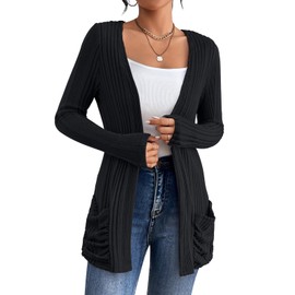 MLXSJ Women's Cardigan Lightweight Long Sleeve Open Front Cardigans with Pockets (Black, L)