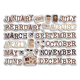 A5 Sticker Sheet Month Vinyl Stickers - Monthly Brown Natural Scrapbook Journal Icons Labels Diary Notebook Adventure Travel #80626