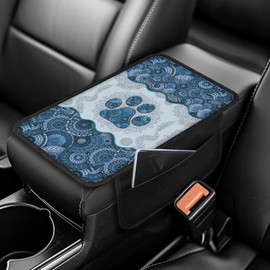LACIYISON Boho Mandala Dog Paw Pattern Car Armrest Cover with Side Pockets Stretchy Car Armrest Cushion Wear-Resistan Automobile Box Cover Protector Center Console Armrest Cover Pad, Blue