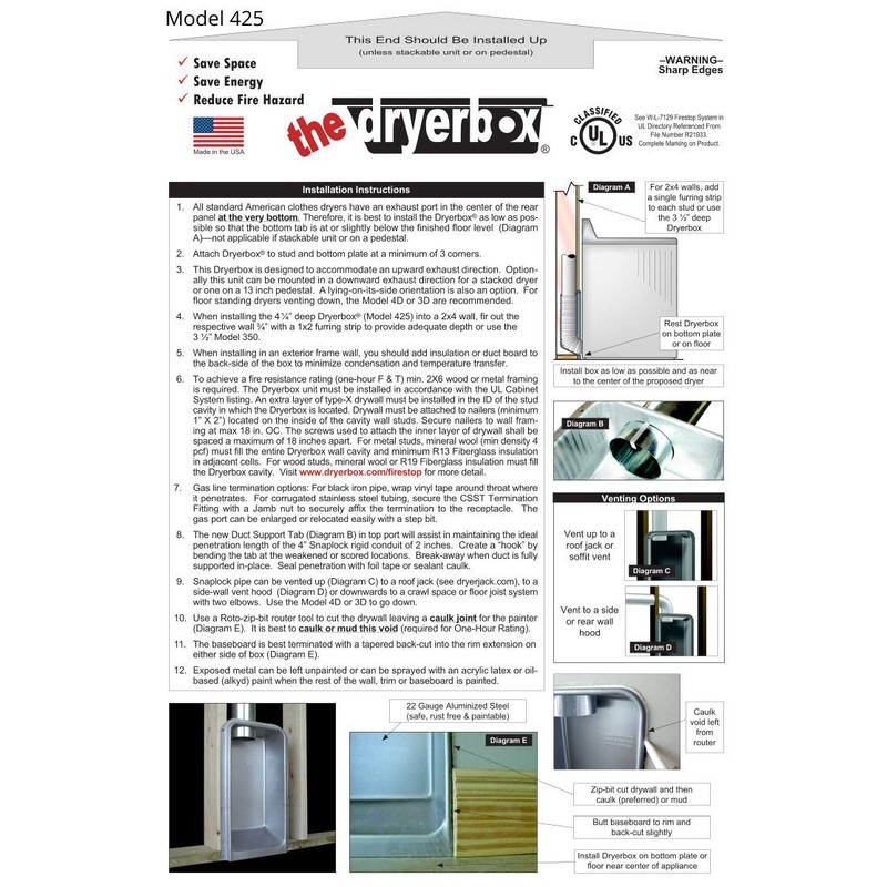 Dryerbox Model 425 DB-425 | New Construction 2x6 Walls -
