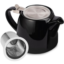 ORNA Ceramic Teapot with Tea Infuser – Small Tea Pot for Loose Leaf Tea – 550ml / 18.6 Oz Porcelain Teapot for 2 Cups with Tea Strainer (Black)