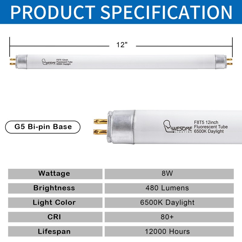 Wesome Lighting 8 Pack 12 Inch F8T5/DL Fluorescent Light Bulb,