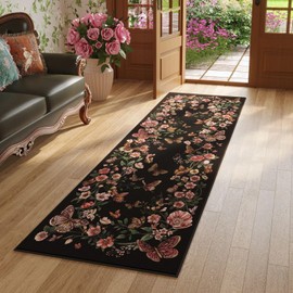 Rugcomf Runner Rug for Kitchen Rug Non Slip 2'6''x8' Washable Rugs with Rubber Backing Soft Floral Butterfly Carpet Runner for Kitchen Laundry Bedroom Bathroom, Black