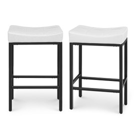 Athena Collection Counter Height Bar Stools Set of 2, 31.5 Inches Saddle Bar Stools with Leather Upholstered and Metal Legs, Backless Barstools for Counter, Kitchen Island, Dining Room, White