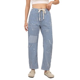 Kedera Barrel Jeans for Women Patchwork Striped Low-Slung Loose Wide Leg Cargo Baggy Pants Y2k Vintage Barrel Jeans Denim Pants Blue