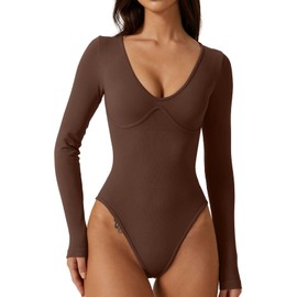 QINSEN Womens Plunge Top for Casual Wear Long Sleeve Stretch Loungewear Bodysuit Brown S