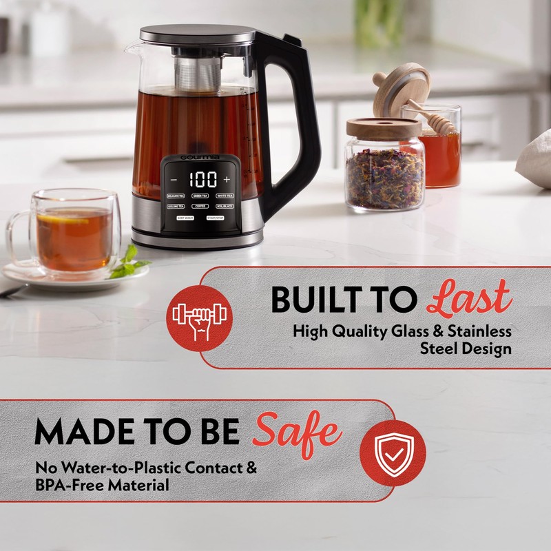 Gourmia Electric Programmable Glass Kettle – 1.7L Temperature Control Tea