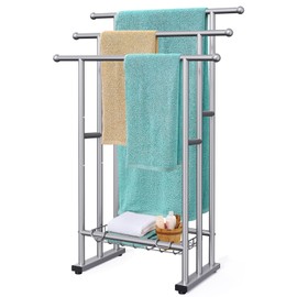 40" Tall Freestanding Towel Racks for Bathroom, 3 Tier Floor Towel Rack with Storage Basket, Blanket Ladder Drying and Display Rack for Large Bath & Hand Towel Outdoor Poolside