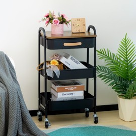 AGTEK Makeup Cart Movable Rolling Organizer Cart with Drawer, 3 Tier Metal Utility Cart with Hanging Cups,Drawer with Leather Handle, Mobile Trolley Cart for Home & Office, Black