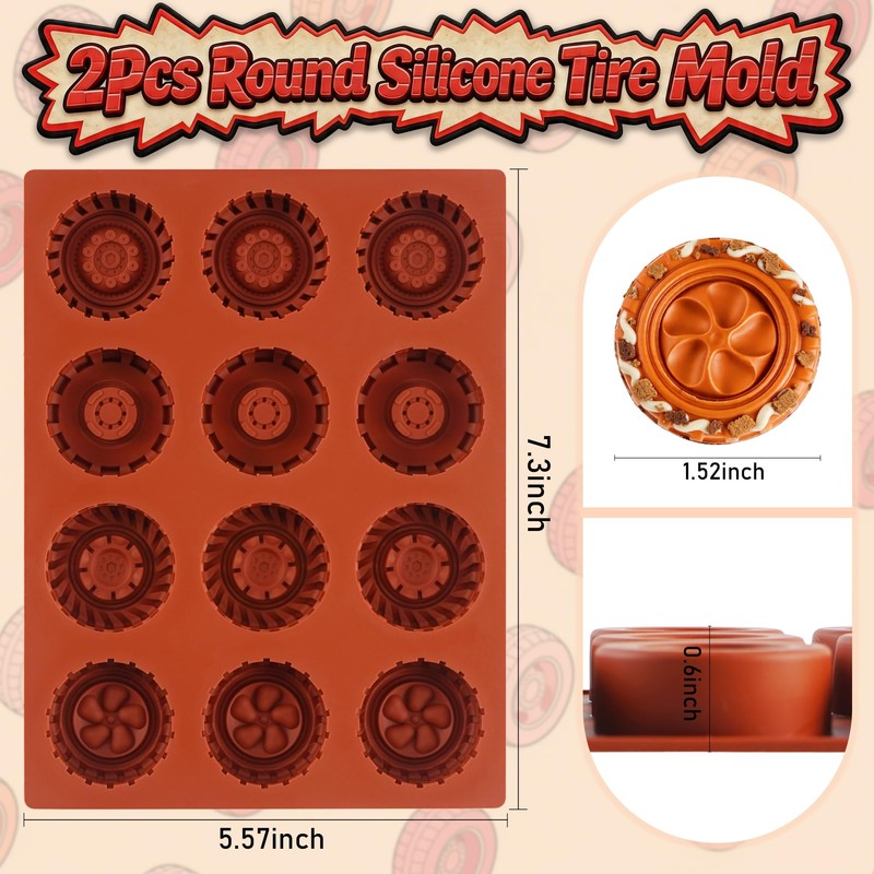 3D Round Tire Mold for Chocolate, 2Pcs Silicone Truck Wheel