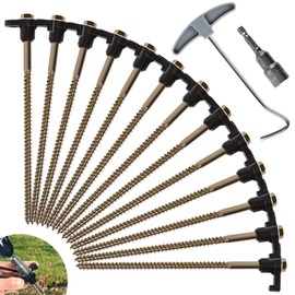 OFFOF 12 Pack Heavy Duty Metal Tent Pegs – Rotating Rock Pegs with Thread, Ground Anchors for Camping, Includes Drill Adapter & Nail Puller, Durable Steel Stakes for Garden, Canopies & Outdoor(black)