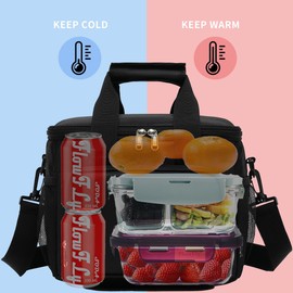 FlowFly Insulated Lunch Bag Adult Lunch Box Large Cooler Tote Bag with Top Handle for Men, Women, with Adjustable Strap,Front Pocket and Dual Large Mesh Side Pockets, Black