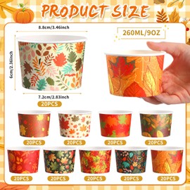 Yungyan 200 Pcs Fall Snack Cups 9 oz Disposable Ice Cream Bowls Pumpkin Maple Leaves Paper Dessert Cups for Thanksgiving Harvest Party Supplies for Yogurt, Cupcakes, Soup Hot or Cold Food, 10 Styles