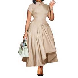Seltaon Women Elegant Semi Formal Midi Dresses Short Sleeve A Line Church Cocktail Party Dress Plus Size Beige