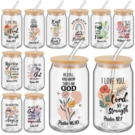 Skylety 10 Sets Boho Christian Gifts Cups for Women 16oz Glass Jar Tumbler with Lid and Straw Inspirational Bible Appreciation Religious Gifts for Women Mom Sister Friends Wife Coworkers