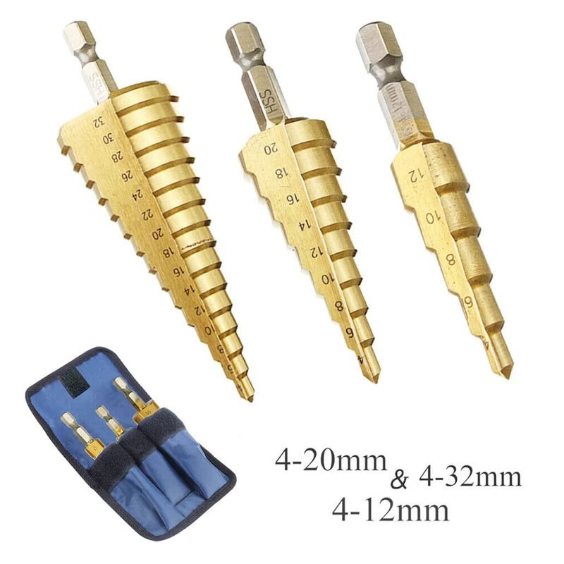 Large HSS 3pcs Steel Step Cone Drill Titanium Bit Set