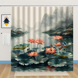 WUASDCS Lotus Shower Curtain Asia Floral Elegant Flowers Green Leaves Mountain Lake Chinese Painting Watercolor Nature Scenery Bathroom Decor Fabric Curtains with Hook 70Wx70H Inches