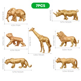STOBOK 7Pcs Metallic Gold Animals Figurines Toys Jumbo Zoo Animal Figures Jungle Wild Animals with Elephant, Lion, Giraffe, Tiger, Rhino, Apes for Baby Shower, Wild Themed Party