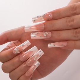 Press On Nails with Nail Glue, Fake Nails for Women Girls, Short Long Almond Square Ballet Shape Stick On Nails on 24PCS (Ballet Diamond)