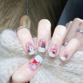 24Pcs Christmas Press on Nails Short Square False Nails White French Tip Christmas Fake Nails with Cute Snowmen Elk Xmas Hat Gift Designs Pink Winter Snowflake Glue on Nails for Women Girls Manicure