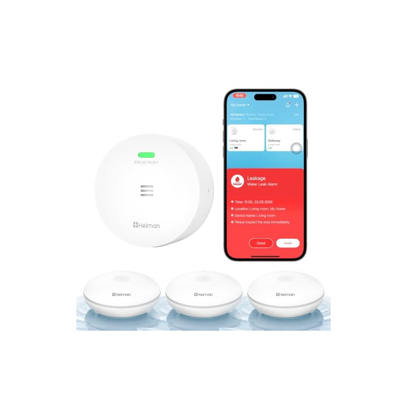 Heiman 3-Pack Water Leak Detector with Smart Alarm System