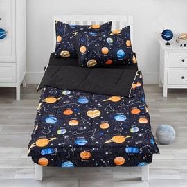 Holawakaka Kids Zipper Bedding Galaxy Comforter Set, Boys Girls Twin Size Outer Space Stars Planet Print Zippered Bed Sets, Child Cartoon Dorm Zip Bedding