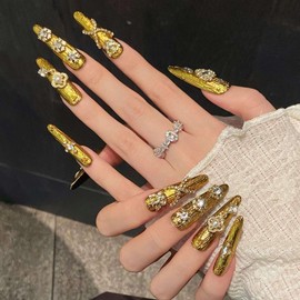 QQPPOLIU Handmade XL Long Press on Nails Stiletto Shape with Design 10Pcs Kit (Gold 01, Long)