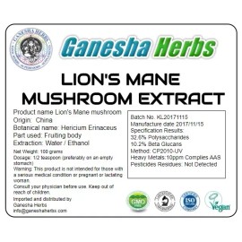GANESHA HERBS 100% PURE ORGANIC LION'S MANE MUSHROOM HIGH POTENCY DUAL EXTRACT 100 GRAMS