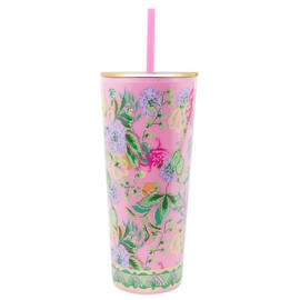 Lilly Pulitzer Double Wall Tumbler with Lid and Reusable Straw, Blue Plastic Cup, Insulated Travel Cup Holds 24 Ounces, Via Amore Spritzer
