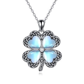 VENACOLY Four Leaf Clover Necklace Sterling Silver Moonstone Shamrock Pendant Clover Jewellery Lucky Gifts for Women